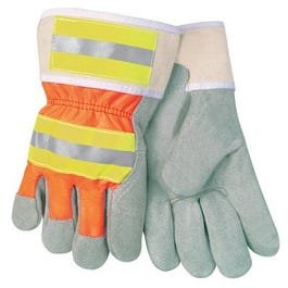 Safety Gloves, Hi-Viz, Leather Palm, Large