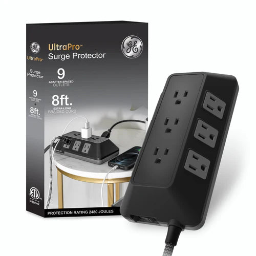 GE 9-Outlet 8ft. Surge Protector with Adapter-Spaced Outlets Black
